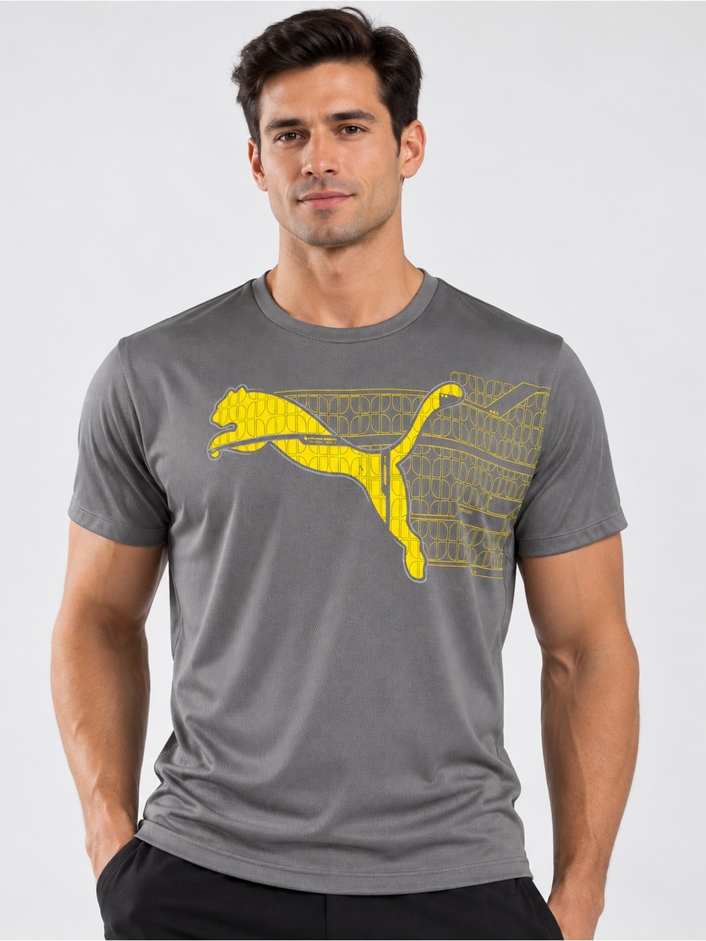 Puma Men’s Complete Running Gray Yellow Graphic Performance Tee
